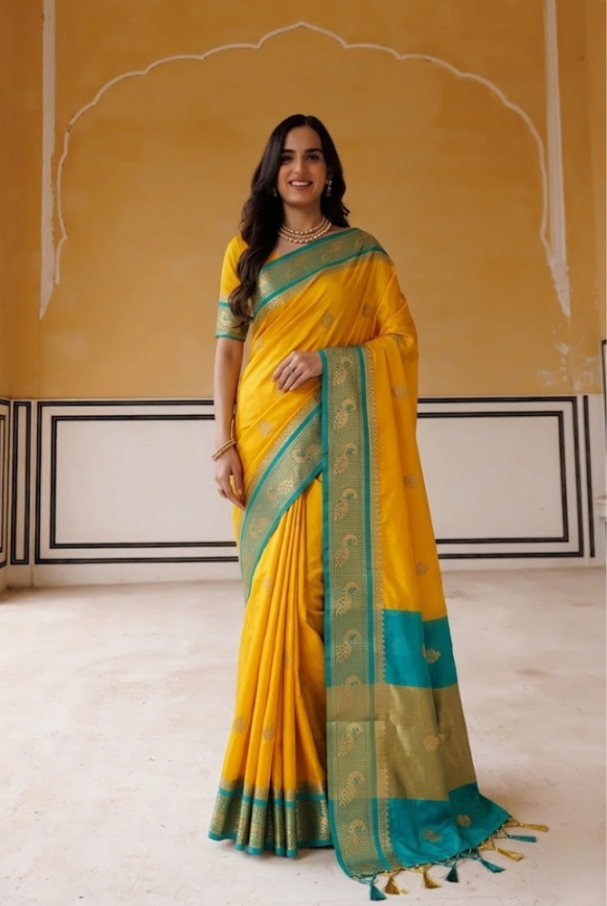 Radiant Golden Yellow & Cyan Paithani Cotton Silk Mayurika Peacock Saree